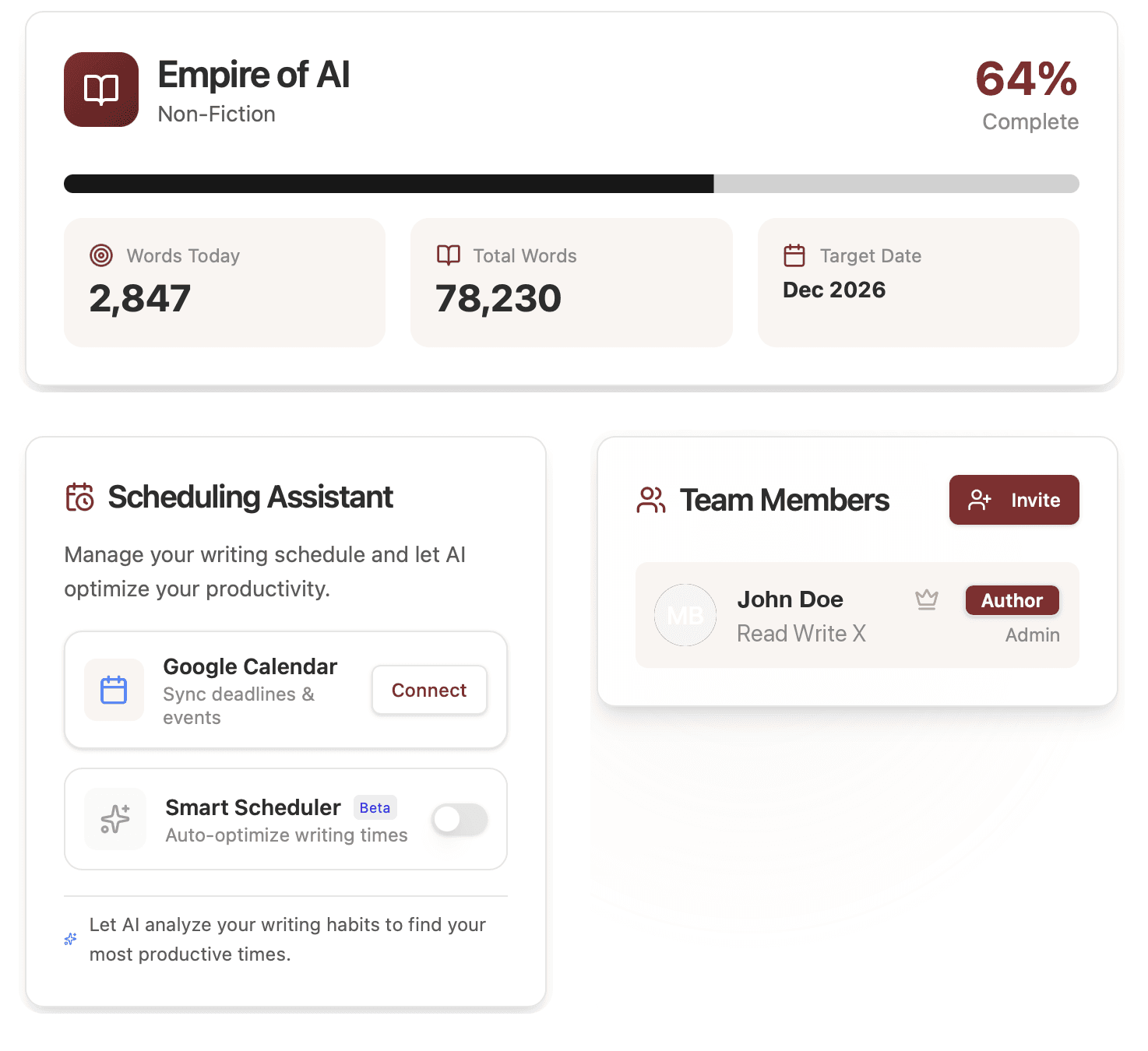 Manuscript workspace product shot: Empire of AI project dashboard with progress, scheduling assistant, and team members